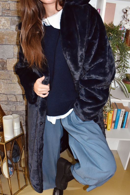 Mara Luxury Faux Fur Long Coat Navy